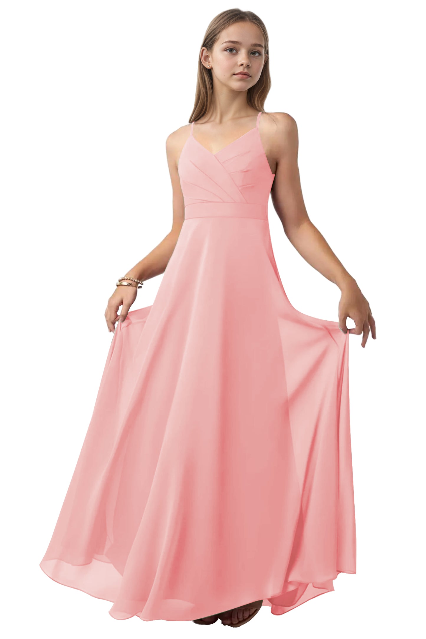 dideyttawl V-Neck Junior Bridesmaid Dress Spaghetti Straps Pleated Chiffon A-Line Flower Girl Dress 2510