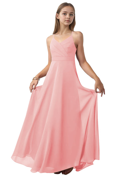 dideyttawl V-Neck Junior Bridesmaid Dress Spaghetti Straps Pleated Chiffon A-Line Flower Girl Dress 2510