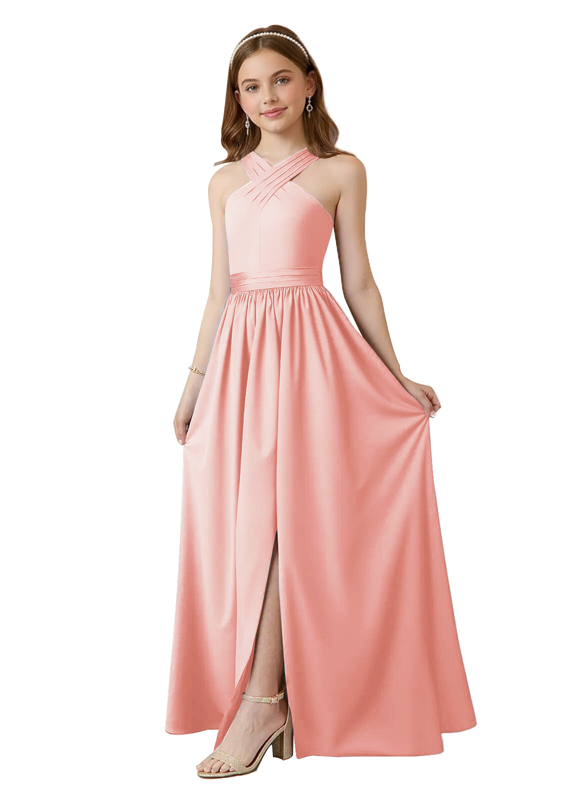 dideyttawl Junior Bridesmaid Dresses for Teen Girls Satin Halter A-Line Flower Girl Dress for Wedding 2531