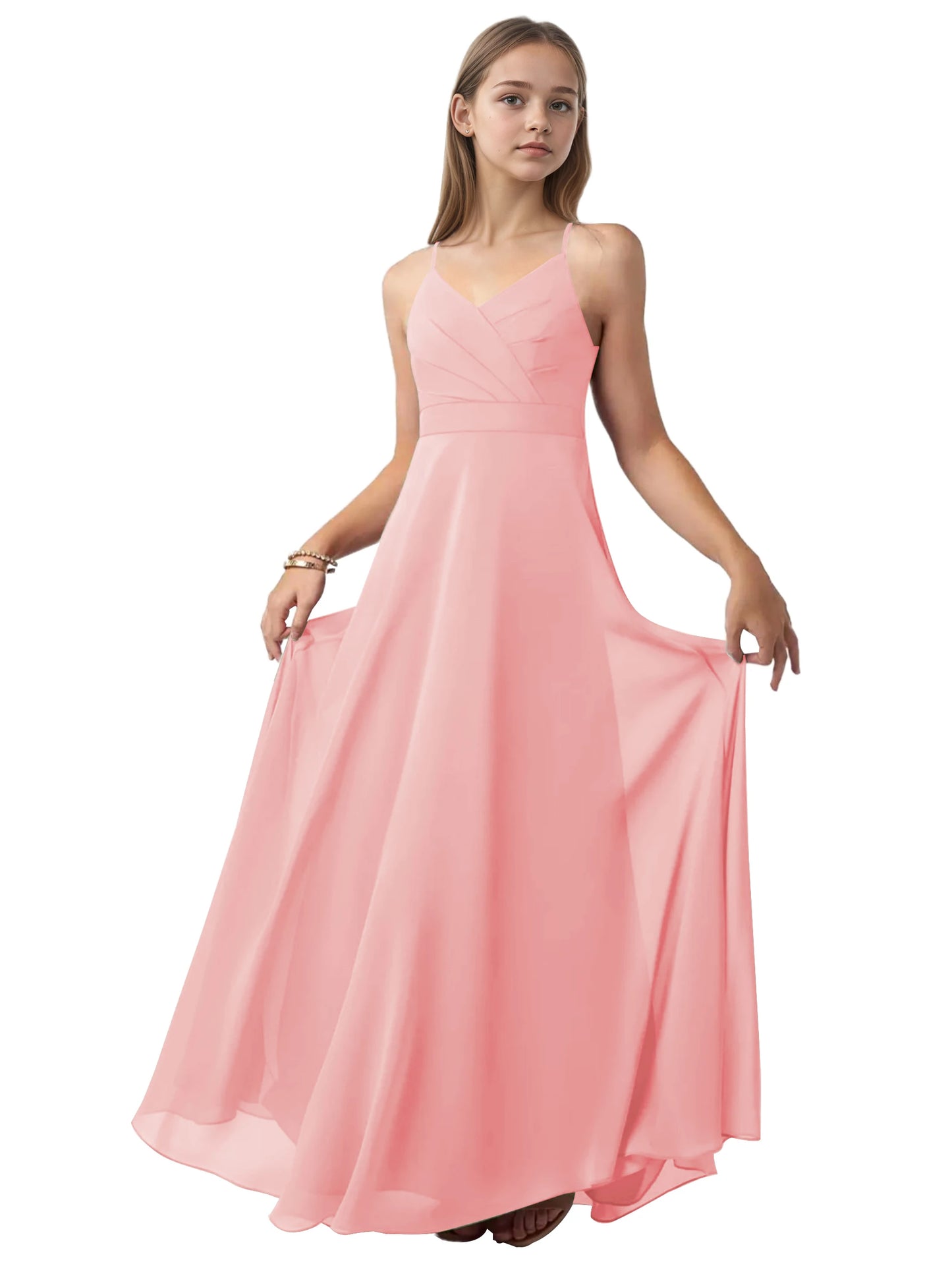 dideyttawl V-Neck Junior Bridesmaid Dress Spaghetti Straps Pleated Chiffon A-Line Flower Girl Dress 2510