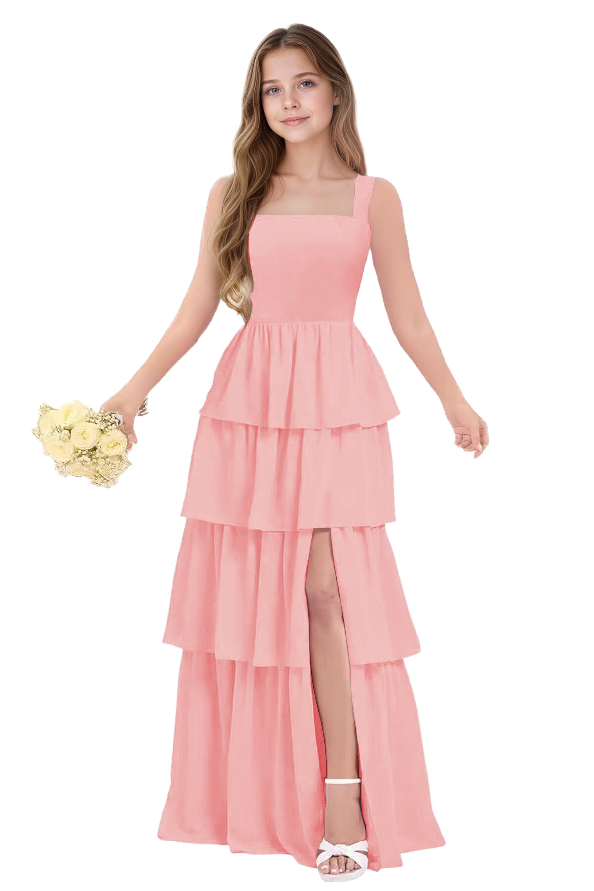 dideyttawl Junior Bridesmaid Dress Spaghetti Strap Square Neck Layered Chiffon A-Line Flower Girl Dress with Slit 2509