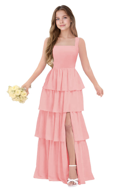 dideyttawl Junior Bridesmaid Dress Spaghetti Strap Square Neck Layered Chiffon A-Line Flower Girl Dress with Slit 2509