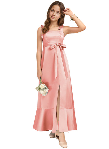 dideyttawl Junior Bridesmaid Dresses for Teens Silk Satin Adjustable Straps Flower Girl Dress with Slit 2529