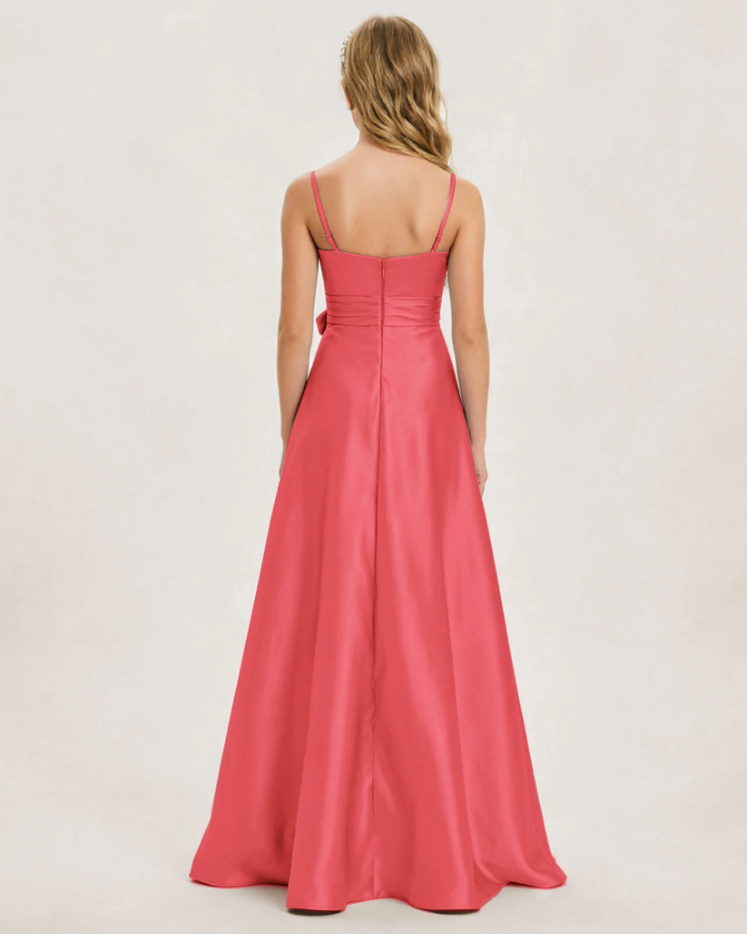 Coral Satin A-line Junior Bridesmaid Dress Back View