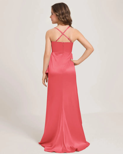 Dideyttawl Junior Bridesmaid Dress with Slit Ruffles Satin  Formal Gowns for Girls
