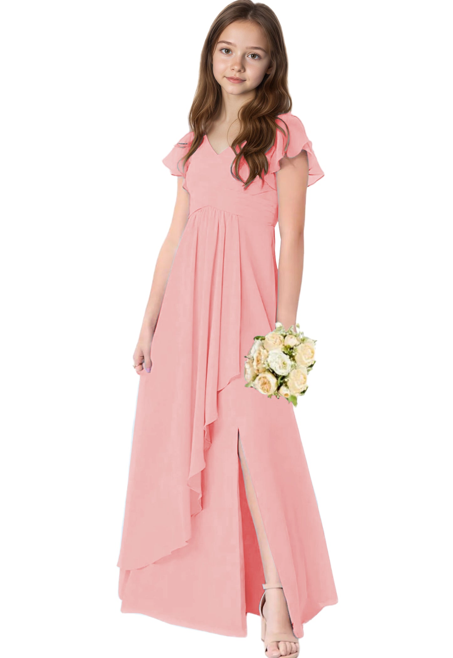 dideyttawl Chiffon Junior Bridesmaid Dresses V Neck Ruffle Sleeves Chiffon Pleated Flowy Flower Girls Dress or 4-16 2506