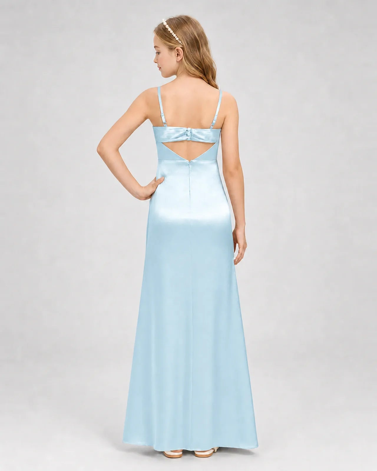 Baby Blue Satin A-line Girls Formal Dress Back View