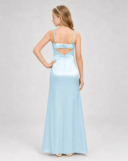 Baby Blue Satin A-line Girls Formal Dress Back View