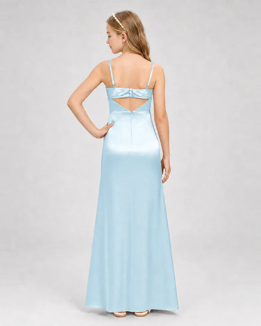 Baby Blue Satin A-line Girls Formal Dress Back View