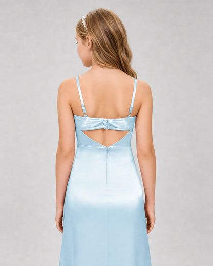 Baby Blue Satin A-line Girls Formal Dress Back View