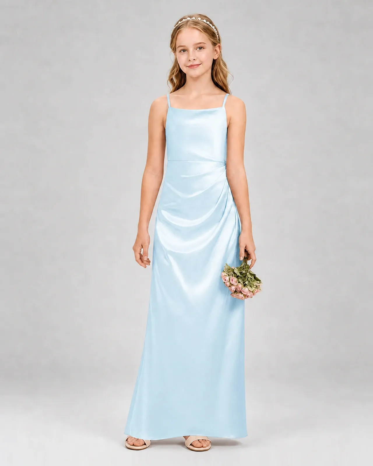 Baby Blue Satin Sheath Girls Formal Dress Front View