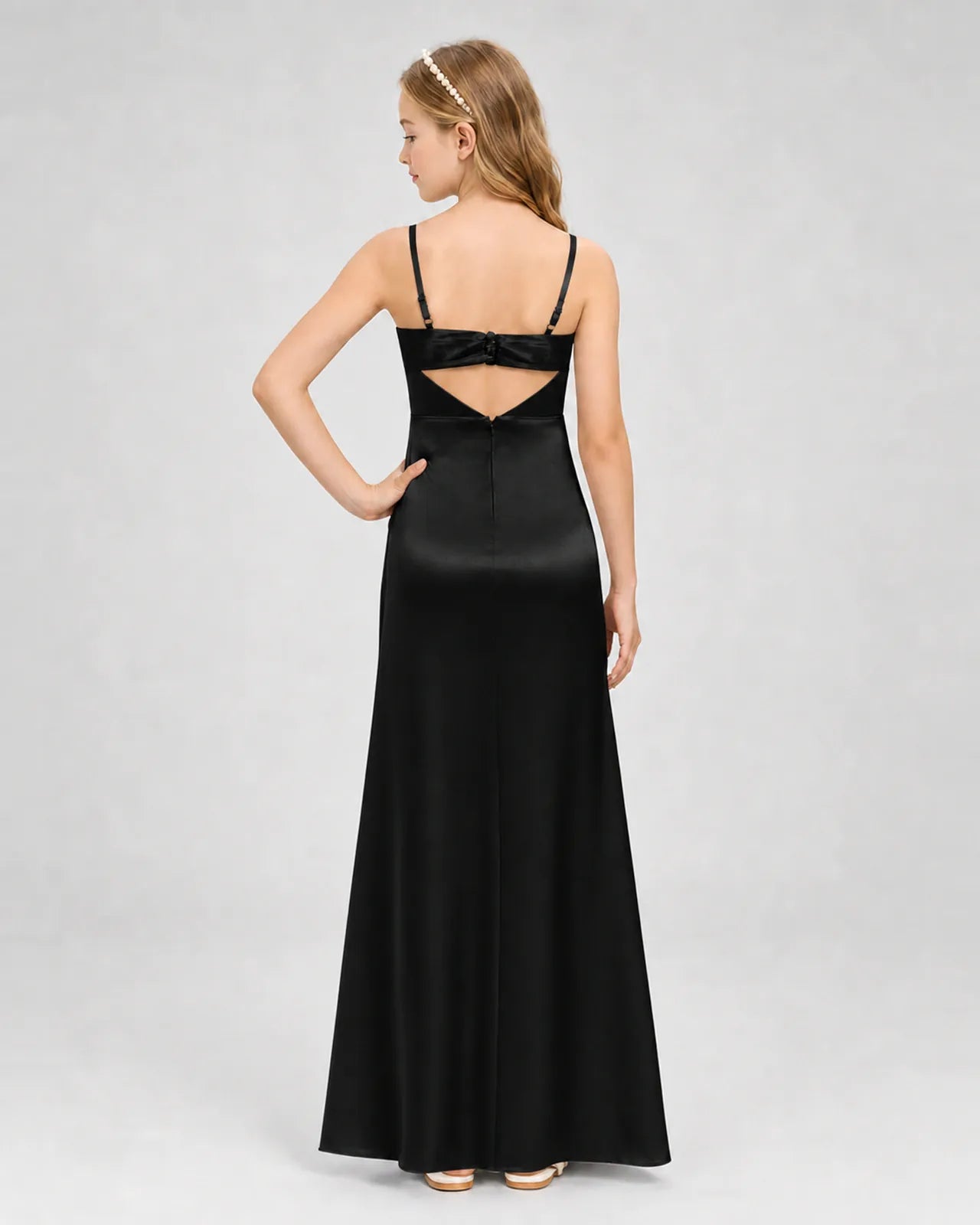 Black Satin A-line Girls Formal Dress Back View
