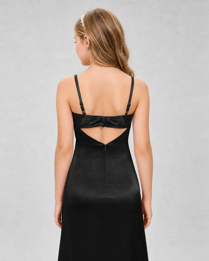 Black Satin A-line Girls Formal Dress Back View