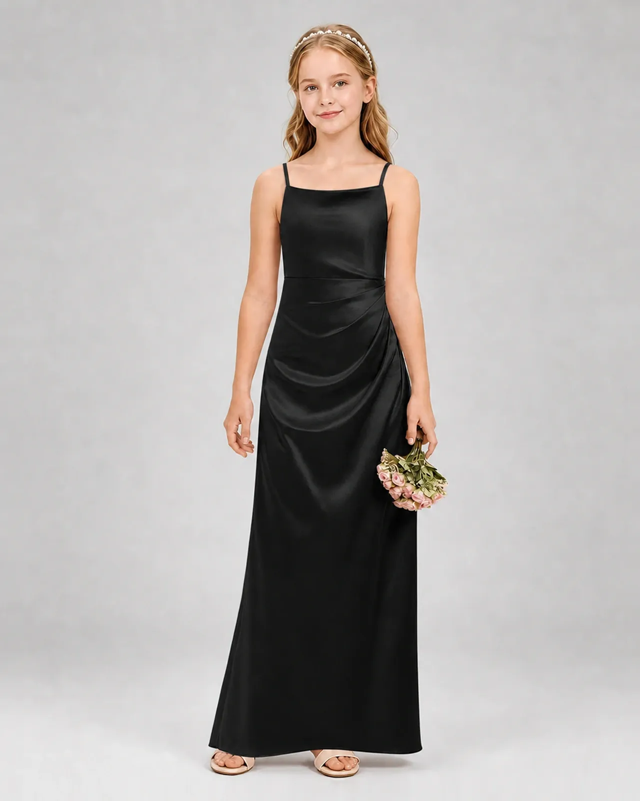 Black Satin A-line Girls Formal Dress Front View