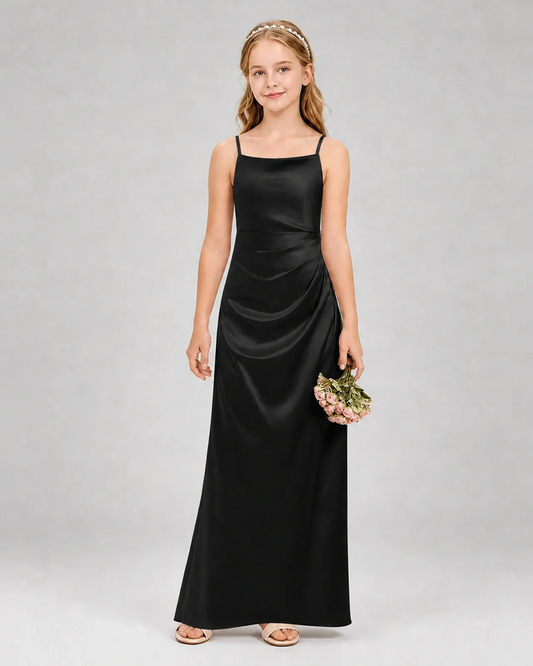 Black Satin A-line Girls Formal Dress Front View