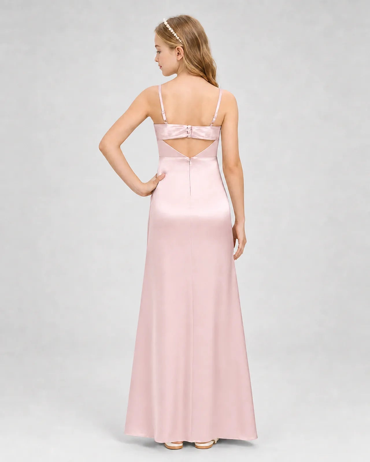 Blush Pink Satin A-line Girls Formal Dress Back View