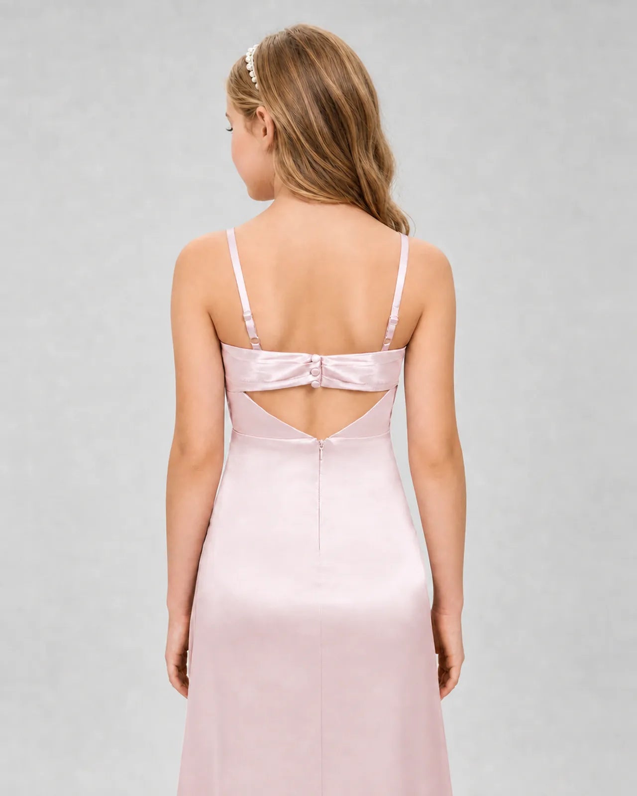 Blush Pink Satin Sheath Girls Formal Dress Back View