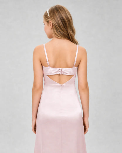 Blush Pink Satin Sheath Girls Formal Dress Back View
