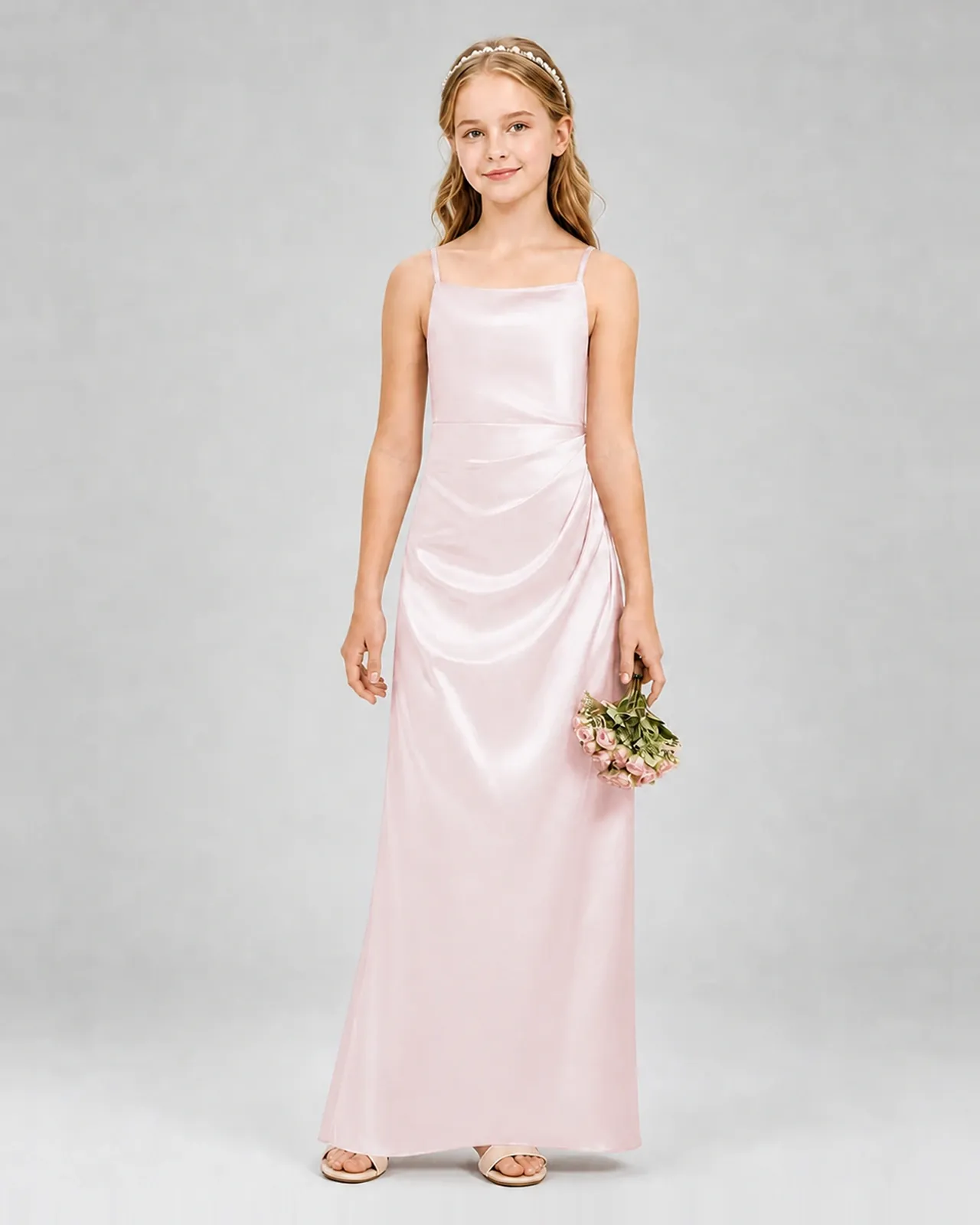 Blush Pink Satin A-line Girls Formal Dress Front View