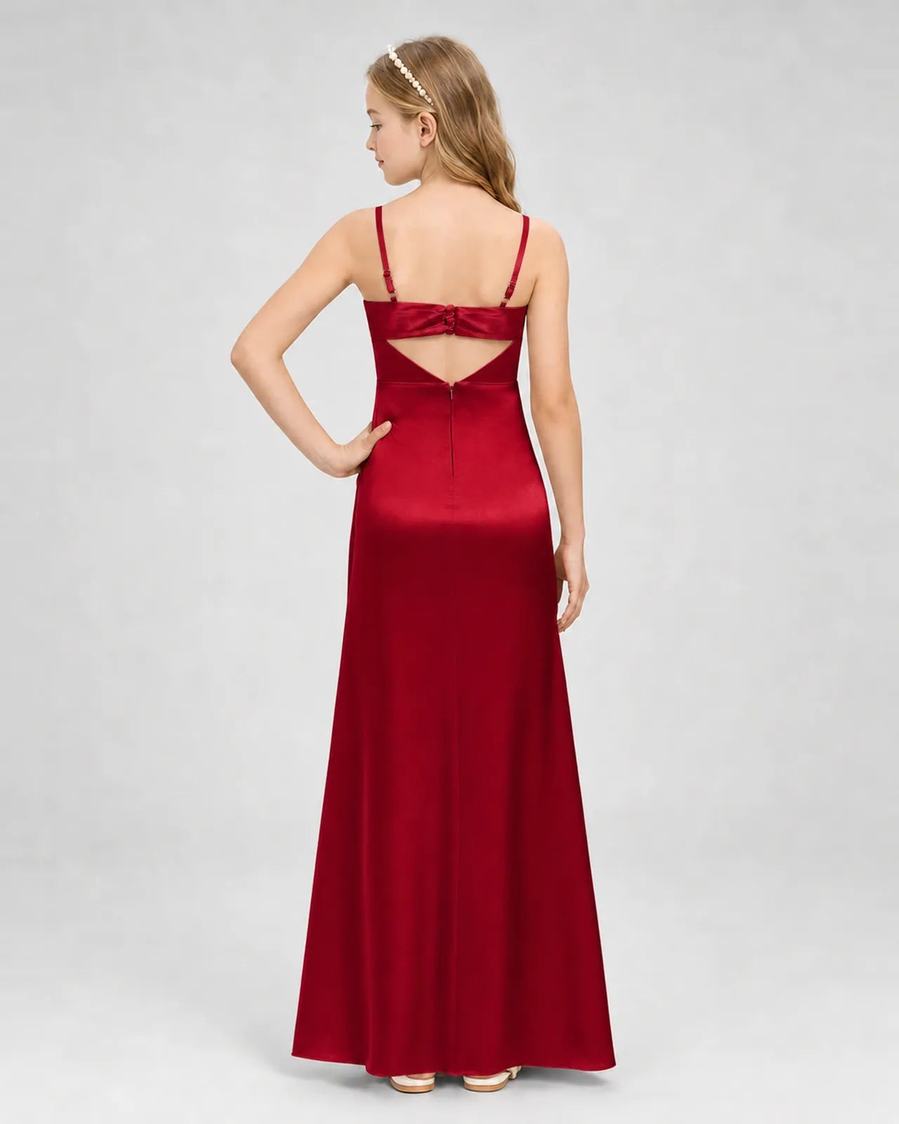 Burgundy Satin A-line Girls Formal Dress Back View