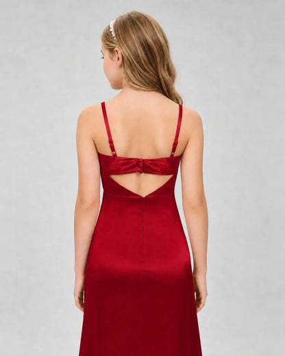 Burgundy Satin A-line Girls Formal Dress Back View