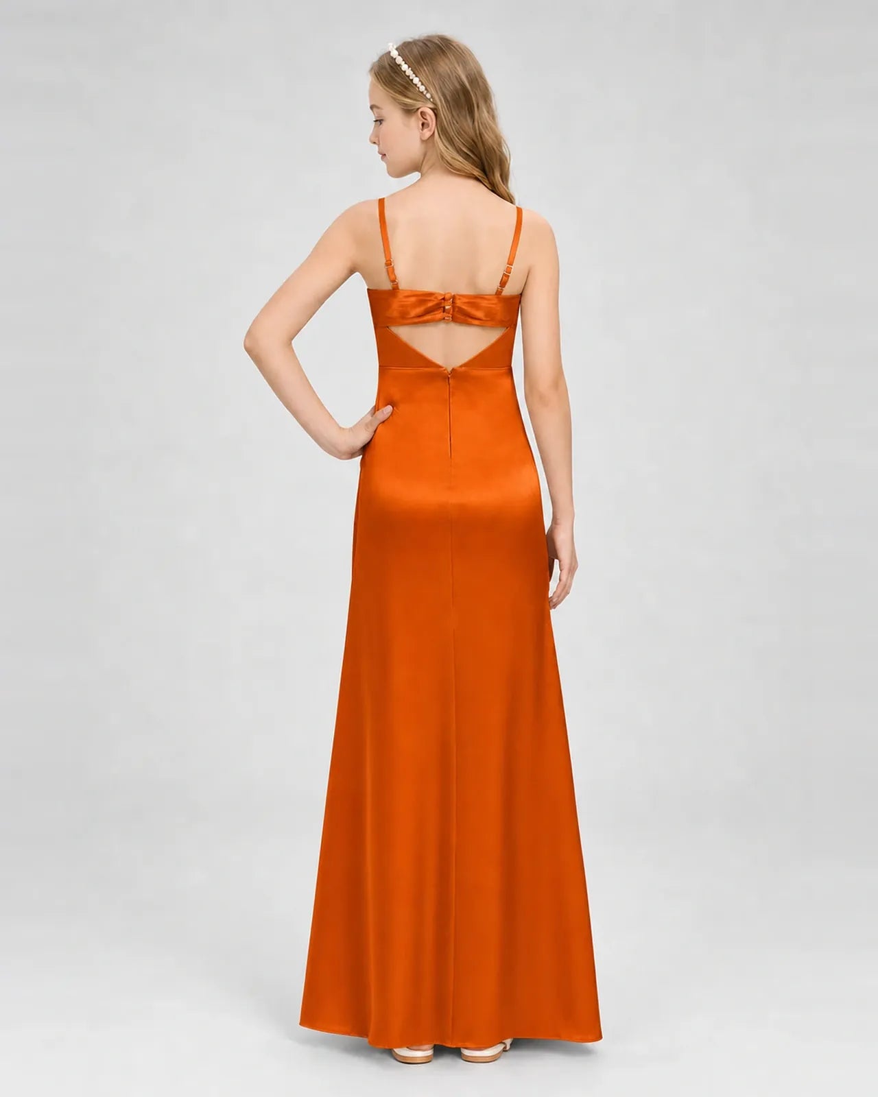 Burnt Orange Satin A-line Girls Formal Dress Back View