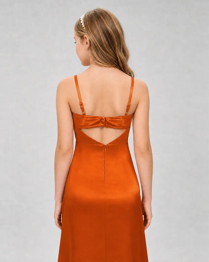 Burnt Orange Satin A-line Girls Formal Dress Back View