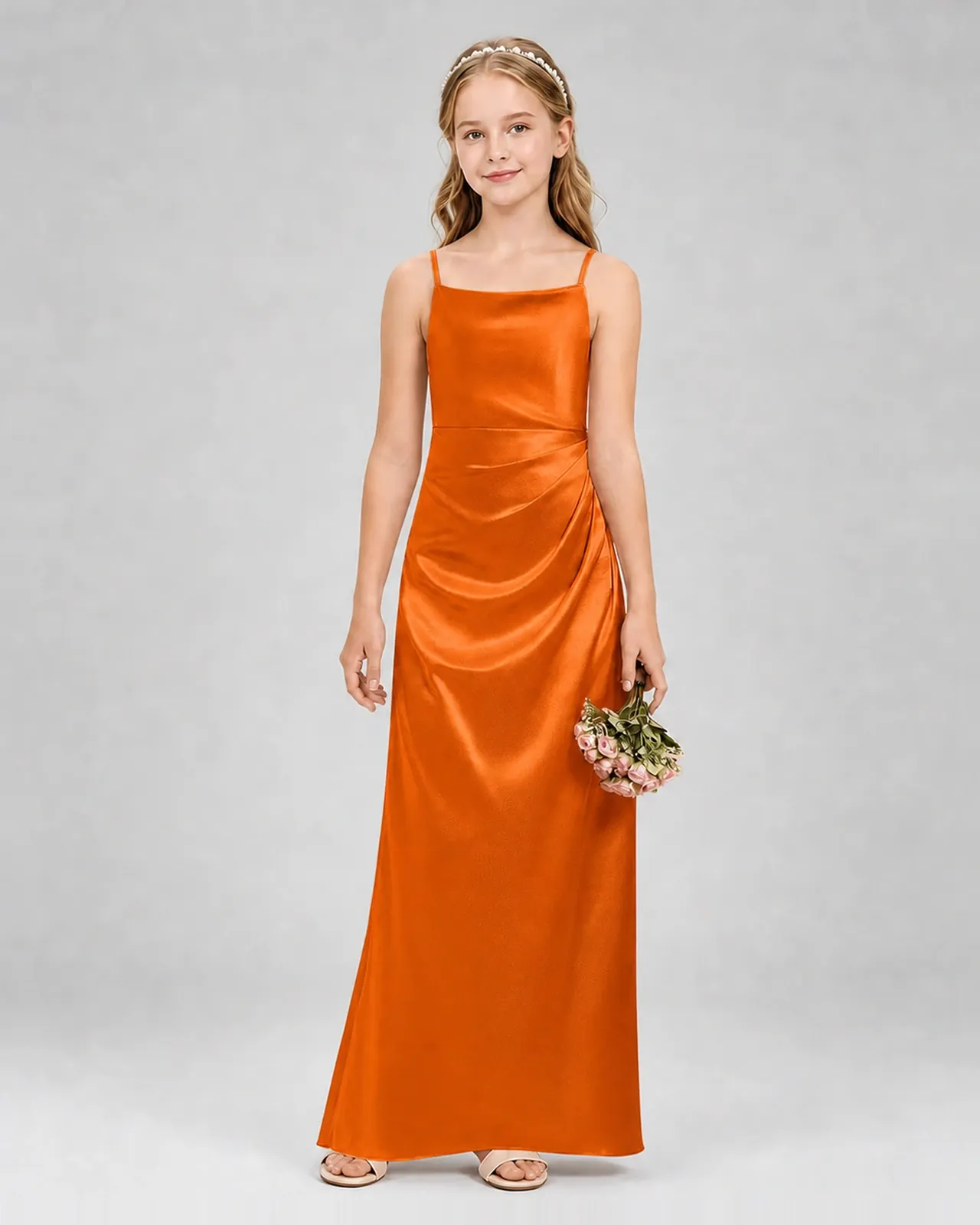 Burnt Orange Satin Sheath Girls Formal Dress Front View