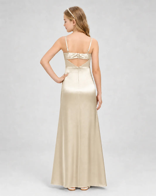 Champagne Satin A-line Girls Formal Dress Back View