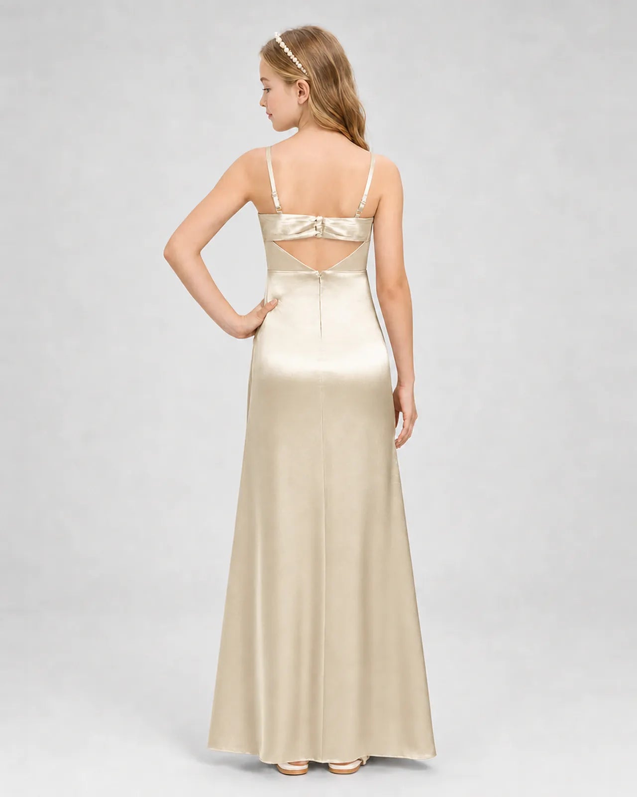 Champagne Satin A-line Girls Formal Dress Back View