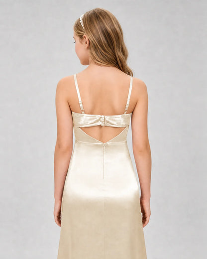 Champagne Satin A-line Girls Formal Dress Back View