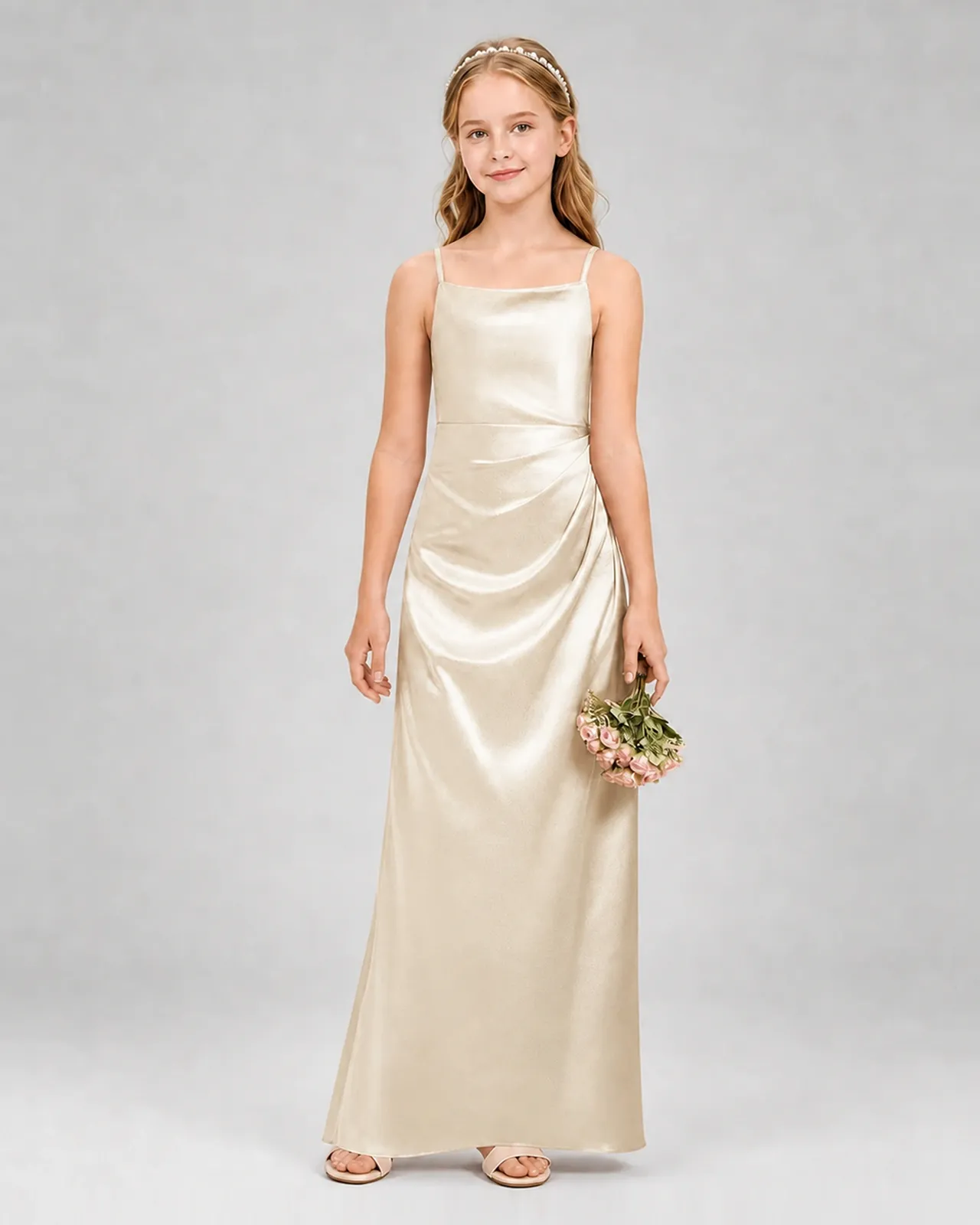 Champagne Satin Sheath Girls Formal Dress Front View