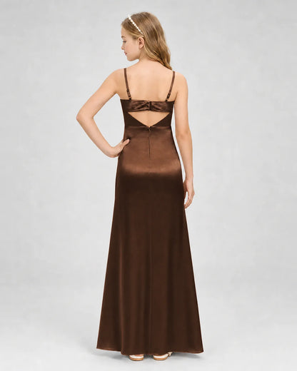 Chocolate Satin A-line Girls Formal Dress Back View