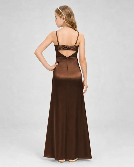 Chocolate Satin A-line Girls Formal Dress Back View