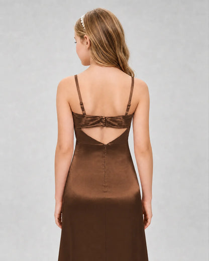 Chocolate Satin A-line Girls Formal Dress Back View