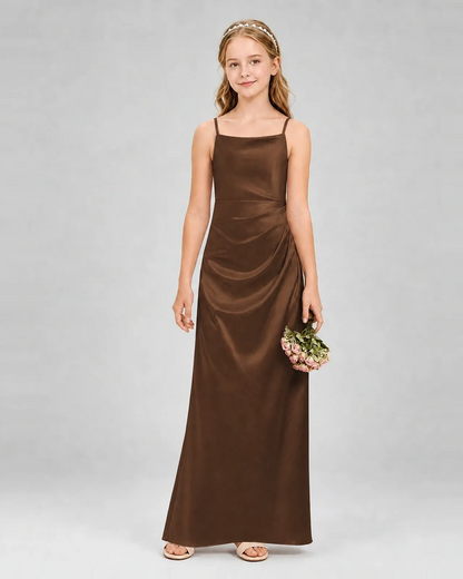 Chocolate Satin Sheath Girls Formal Dress Front View