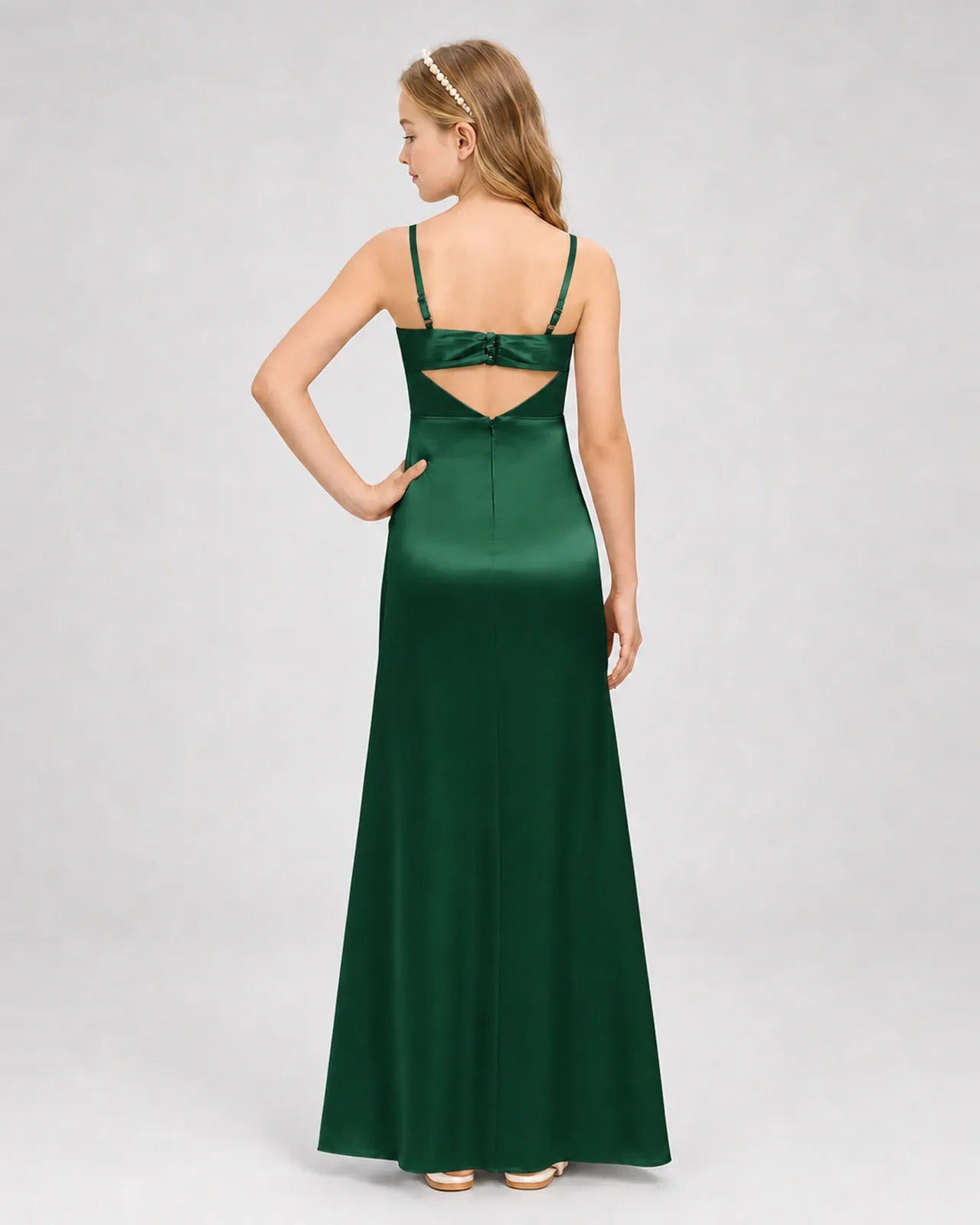 Dark Green Satin A-line Girls Formal Dress Back View