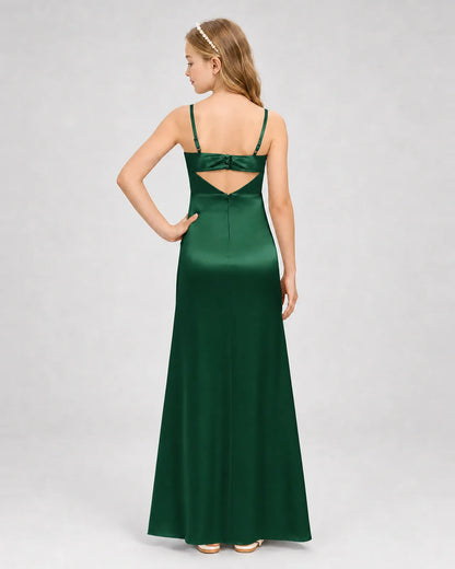 Dark Green Satin A-line Girls Formal Dress Back View