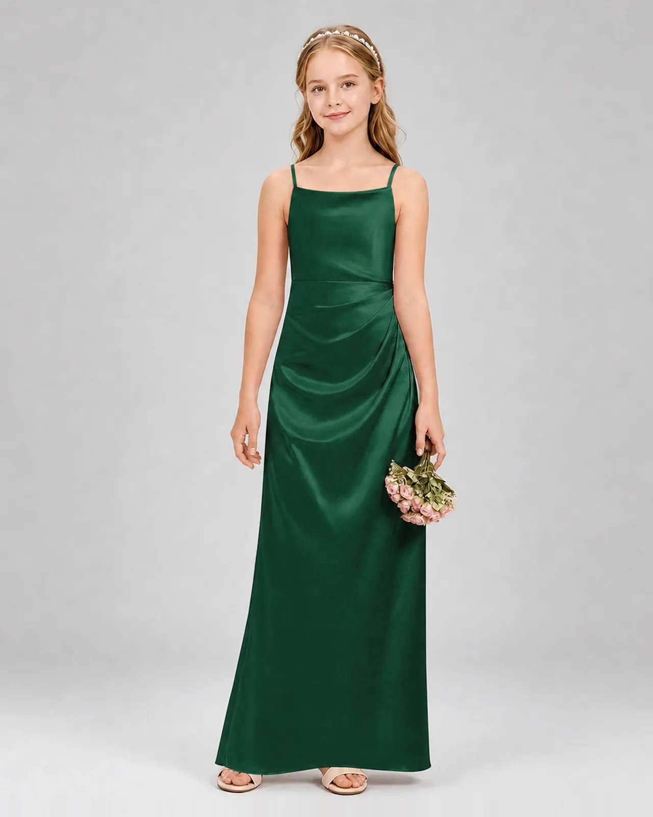 Dark Green Satin A-line Girls Formal Dress Front View
