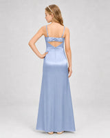 Dusty Blue Satin A-line Girls Formal Dress Back View