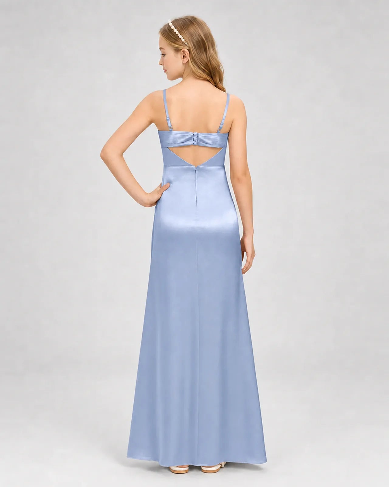 Dusty Blue Satin A-line Girls Formal Dress Back View