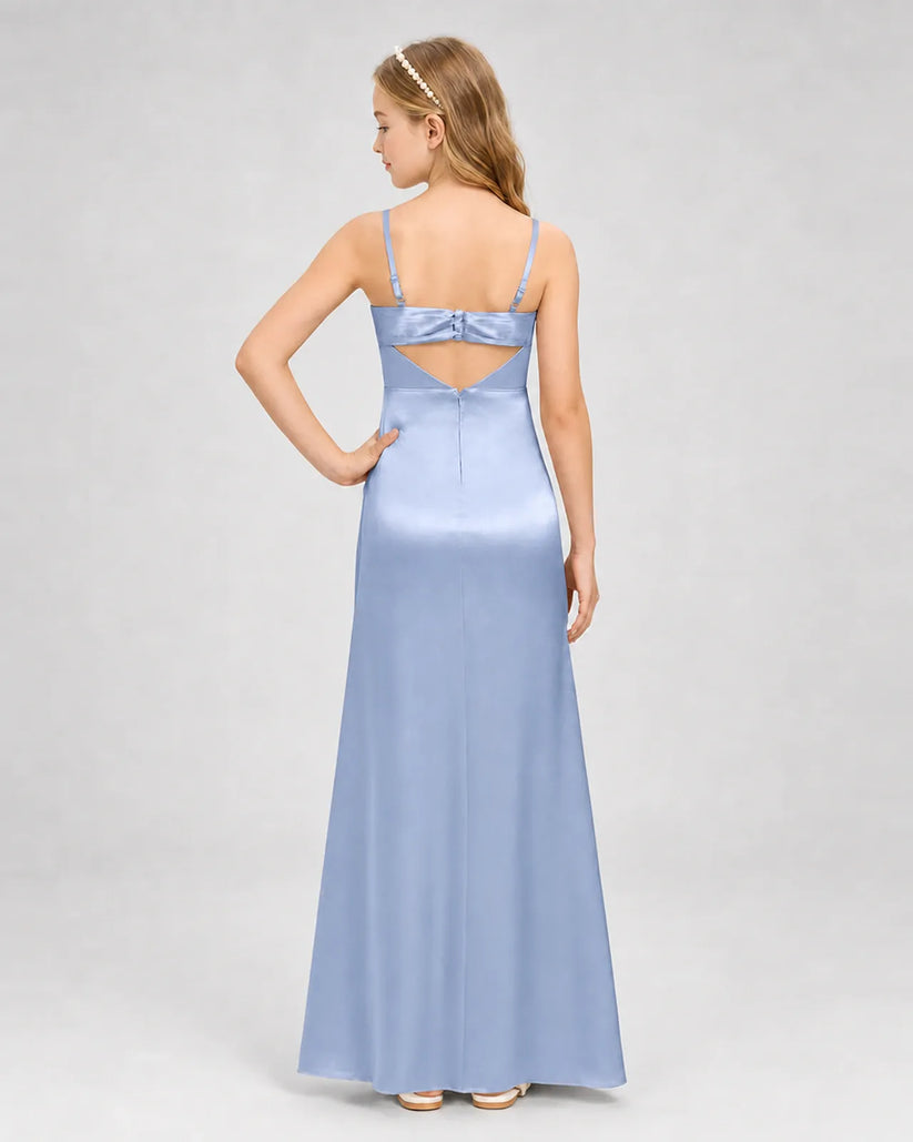 Dusty Blue Satin A-line Girls Formal Dress Back View