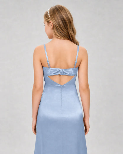 Dusty Blue Satin A-line Girls Formal Dress Back View