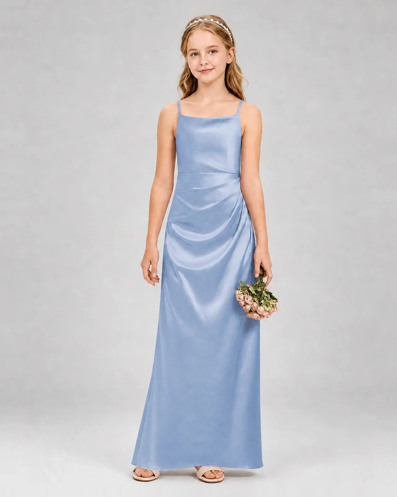 Dusty Blue Satin A-line Girls Formal Dress Front View