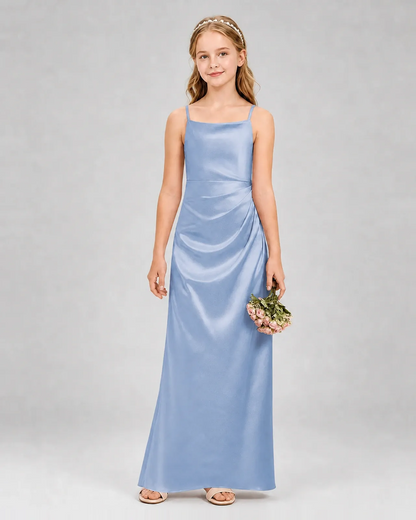 Dusty Blue Satin A-line Girls Formal Dress Front View