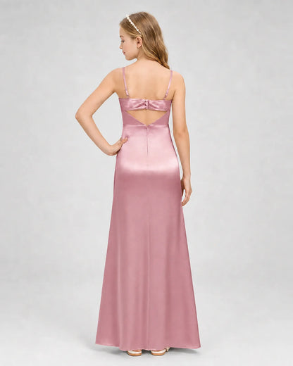 Dusty Rose Satin A-line Girls Formal Dress Back View