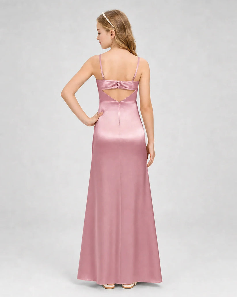 Dusty Rose Satin A-line Girls Formal Dress Back View
