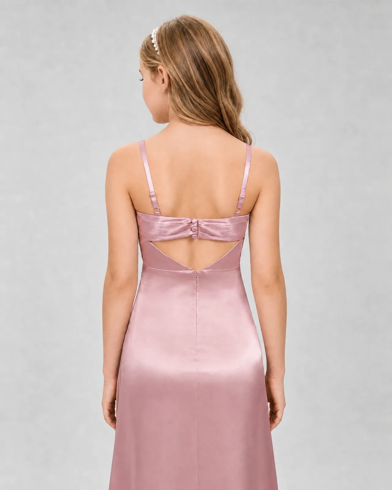 Dusty Rose Satin A-line Girls Formal Dress Back View