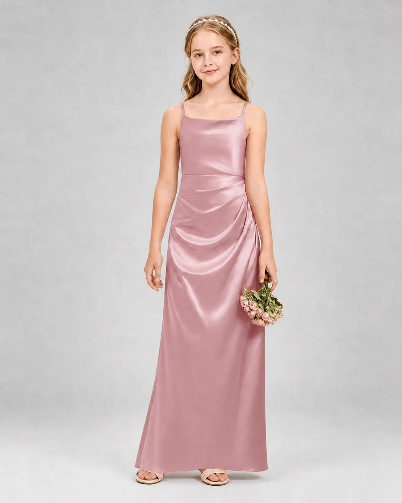 Dusty Rose Satin A-line Girls Formal Dress Front View