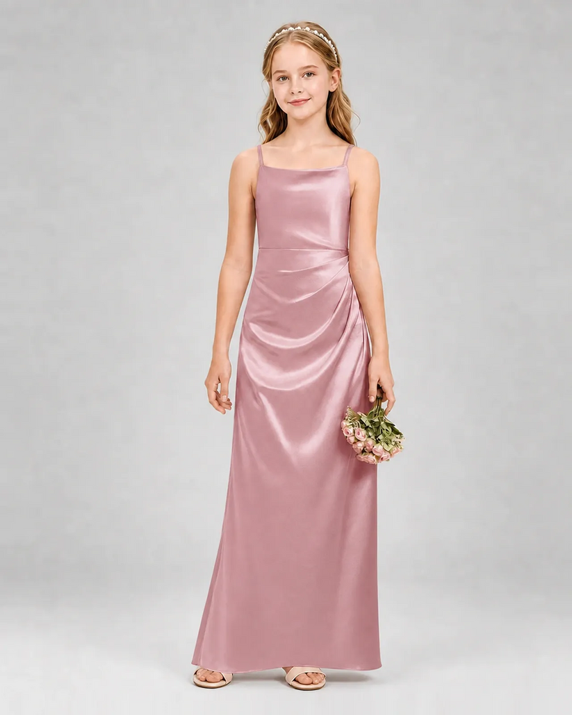 Dusty Rose Satin A-line Girls Formal Dress Front View